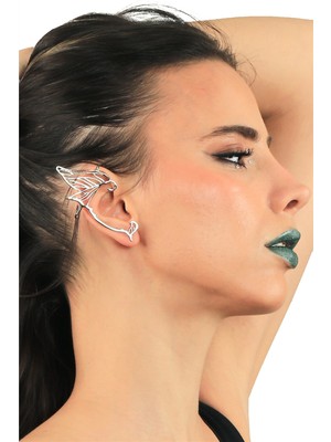 Labalaba Kadın Gümüş Renk Lak Kaplama Çivili Model Sağ Kulak Ear Cuffküpe