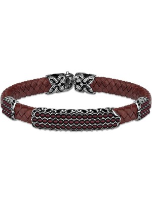 Rev Silver Hakiki Deri Kordonlu Bileklik 925 Ayar Gümüş Rüzgar Dekor Mini Zirkon Süslemeli