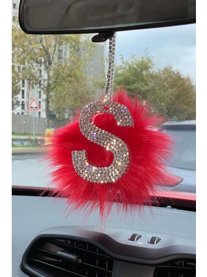 Swarovski Gümüş Taşlı Dikiz Ayna Kolye Süsü Kırmızı Tüylü S Harfi
