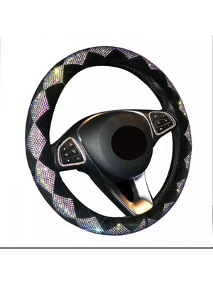 Swarovski Taşlı Baklava Desenli Janjan (Gökkuşağı Taşlı ) Direksiyon Kılıfı 35/40 cm
