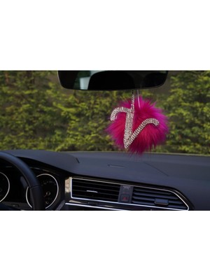 Swarovski Gümüş Taşlı Dikiz Ayna Kolye Süsü Pembe Tüylü V Harfi