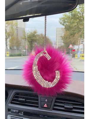 Swarovski Gümüş Taşlı Dikiz Ayna Kolye Süsü Pembe Tüylü C Harfi