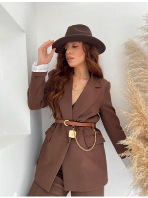 Okyanus Butik Kadın Kahverengi Kruvaze Blazer Ceket