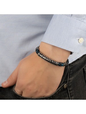 Rev Silver Deri Kordonlu 925 Ayar Gümüş Rüzgar Dekoru Mini Zirkon Süslemeli Erkek Bileklik