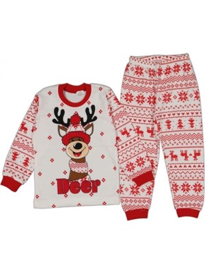 Süpermini Geyik Desenli Yılbaşı Temalı Unisex Çocuk Pijama Takımı 3-4-5-6-7-8-9 Yaş