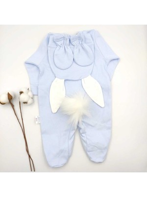 Bebek Star Tavşan Model Şapkalı Eldivenli Patikli Mavi Ponponlu %100 Cotton Bebek Tulum Takımı