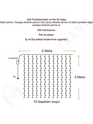 Masho Trend 12 Saçaklı Animasyonlu 230 Volt 3x2 Metre Dekor Perde  LED - Saçaklı LED - Dış Kullanıma Uygun LED