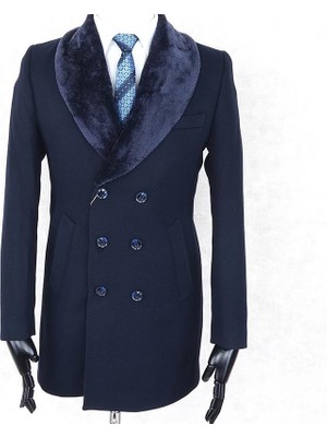 Jan Carlucci Erkek Kaşe Kaban Çıkarılabilir Kürk Yaka Detaylı Lacivert Midi Uzun Kol