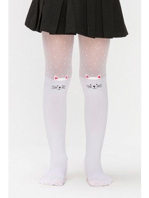 Penti Çocuk Pretty Külotlu Çorap Beyaz Renkli Kedi Desenli 11 - 13 Yaş Kız Çocuklar İçin