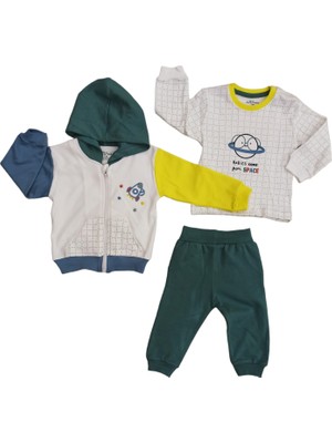 Aziz Bebe Uzay Desenli Bebek Alt Üst 3lü Hırkalı Takım 3-36 Ay Arası 003180