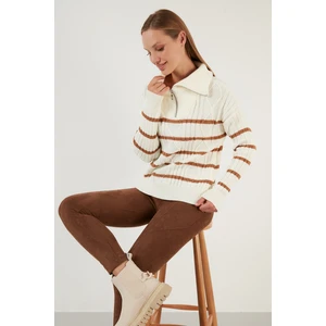 Çizgili Fermuarlı Boğazlı Yaka  Örgülü Triko Kazak Bayan Kazak 63622458