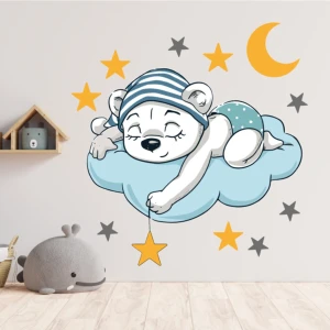 Bulut Üzerinde Uyuyan Ayı Dekoratif Çocuk Odası Sticker