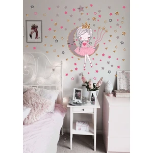 Ayda Oturan Sevimli Kız Çocuk Odası Duvar Sticker Seti