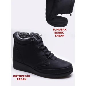 210 Ortopedik Taban Lastik Bağcıklı Içi Kürklü Siyah Anne Botu Kadın Bot Ayakkabı