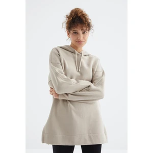 Koyu Bej Reglan Kol Basic Kapüşonlu Oversize Sweatshirt Tunik - 97242