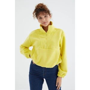 Limon Yarım Fermuar Etek Ucu Büzgülü Kadın Polar Oversize Sweatshirt - 97171