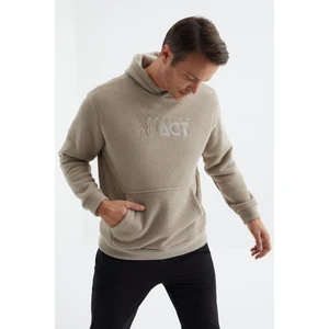 Tommy Life Tommy Life  Koyu Bej Yazı Nakışlı Kanguru Cepli Kapüşonlu Rahat Form Erkek Polar Sweatshirt  - 88164