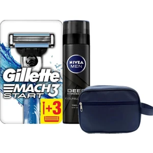 Mach3 Start 3'lü Yedek Tıraş Bıçağı + Nivea Aktif Karbon Deep Dimension Tıraş Jeli 200 ml +Seyahat Çantası
