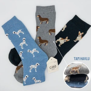 Ciho Socks Daily 3 Çift Kadın Tam Havlu Yumuşak Eğlenceli Köpek Desenler Kışlık Soket Çorap