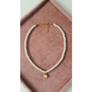 Petek Aksesuar Kadın Beyaz Incili Deniz Kabuğu Choker Tasma Kolye