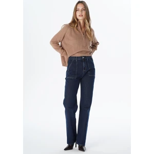 Cross Jeans Diana Koyu Mavi Aplike Cep Detaylı Yüksek Bel Dad Straight Fit Fermuarlı Jean Pantolon C 4517-063