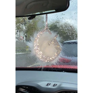 Gümüş Taşlı Dikiz Ayna Kolye Süsü Beyaz Tüylü G Harfi