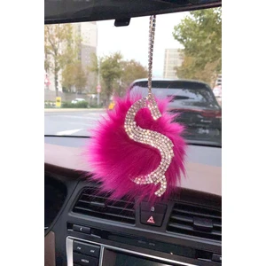 Gümüş Taşlı Dikiz Ayna Kolye Süsü Pembe Tüylü Ş Harfi