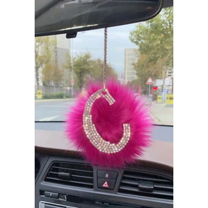 Gümüş Taşlı Dikiz Ayna Kolye Süsü Pembe Tüylü C Harfi