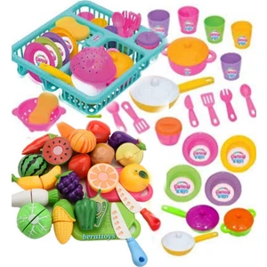 Berat Toys Berattoys Oyuncak 21PCS Bulaşıklık SETI+28PCS Kesilebilen Oyuncak Meyve Sebze Set Evcilik Oyun Set