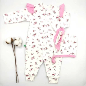 Bebek Star Organik Kaşkorse Şapkalı Çiçekli Pembe Kız Bebek Tulumu %100 Cotton