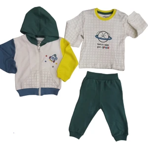 Aziz Bebe Uzay Desenli Bebek Alt Üst 3lü Hırkalı Takım 3-36 Ay Arası 003180