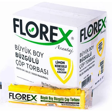 Florex Limon Kokulu Büzgülü Büyük Boy 65X70 cm Çöp Torbası 1 Koli 25 Rulo 250