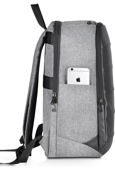 Notebook & Laptop Bölmeli Günlük Sırt Çantası Deri Detaylı- Gri (13-14-15-16-17 Inch Uyumlu)