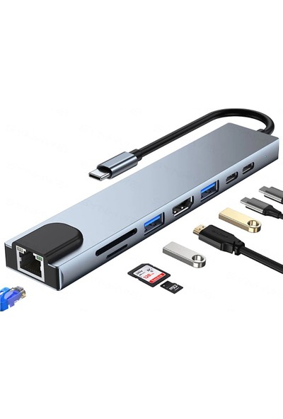 Macbook Uyumlu Type-C™ To 4K HDMI Tv Projeksiyon Ultra Hd 1080P 2* Type-C 2* USB 3.0 Ethernet Lan 2* Sd 8ın1 Hub Adaptör