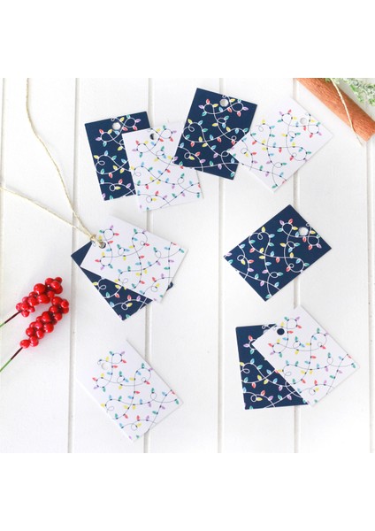 Yılbaşı ışık desenli dikdörtgen etiket seti, Lacivert-Beyaz 10 adet (3.5x4.9 cm)
