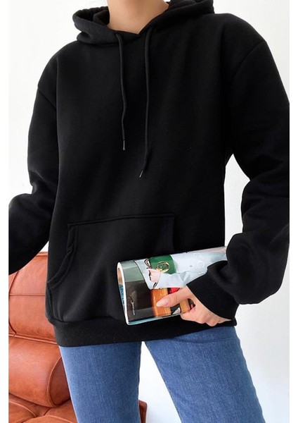 Kadın Kanguru Cepli Kapüşonlu Içi Polarlı Boyfriend Sweatshirt