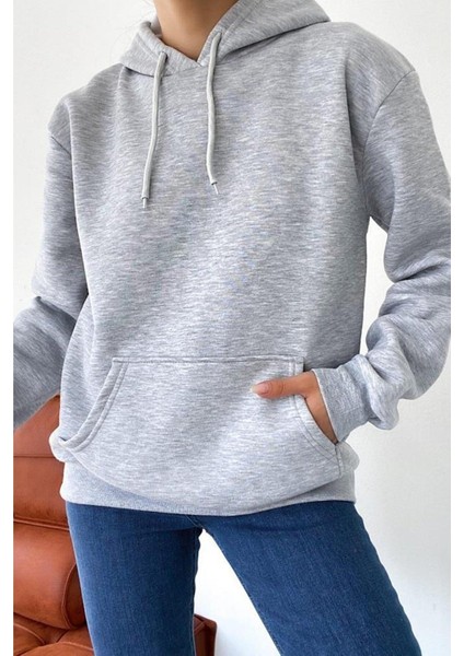 Kadın Kanguru Cepli Kapüşonlu Içi Polarlı Boyfriend Sweatshirt