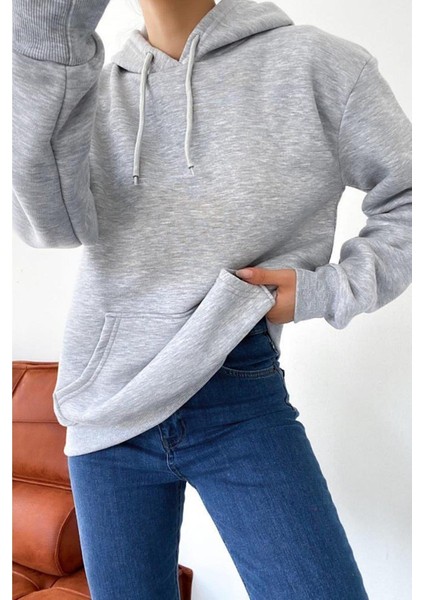 Kadın Kanguru Cepli Kapüşonlu Içi Polarlı Boyfriend Sweatshirt