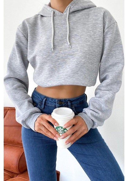 Kadın Kanguru Cepli Kapüşonlu Içi Polarlı Boyfriend Sweatshirt