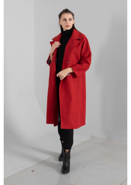 Kırmızı Önden Düğmeli Leopar Astarlı Oversize Örme Kaşe Kaban 0108068.08