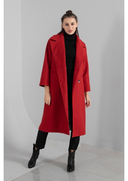 Kırmızı Önden Düğmeli Leopar Astarlı Oversize Örme Kaşe Kaban 0108068.08 fiyatları