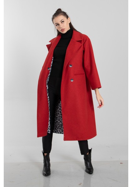 Kırmızı Önden Düğmeli Leopar Astarlı Oversize Örme Kaşe Kaban 0108068.08 indirimleri