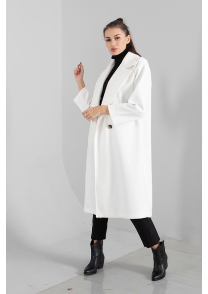 Ekru Önden Düğmeli Leopar Astarlı Oversize Örme Kaşe Kaban 0108068.147