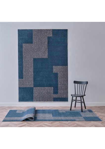 Diagram Modern Özel Tasarım Dokuma Halı - Mavi/Gri 160 x 230 cm
