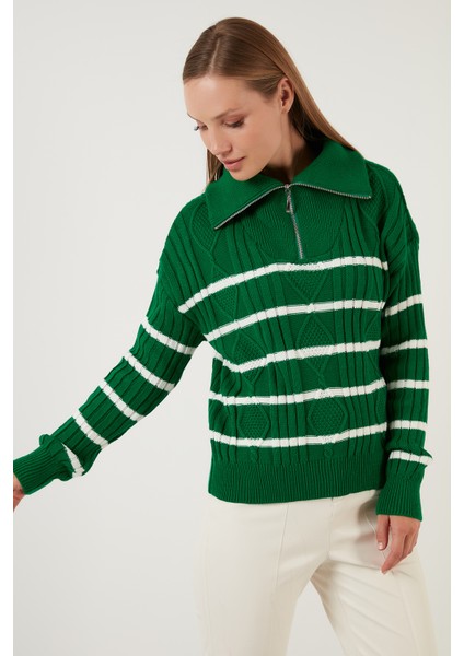 Çizgili Fermuarlı Boğazlı Yaka Örgülü Triko Kazak Bayan Kazak 63622458