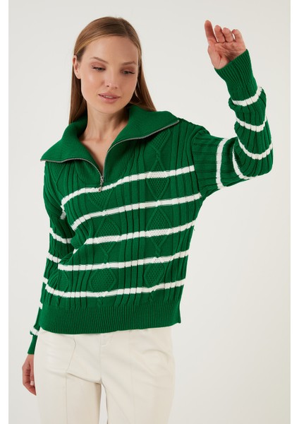 Çizgili Fermuarlı Boğazlı Yaka Örgülü Triko Kazak Bayan Kazak 63622458 fiyatları