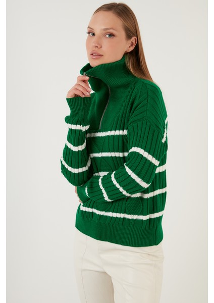 Çizgili Fermuarlı Boğazlı Yaka Örgülü Triko Kazak Bayan Kazak 63622458 modelleri