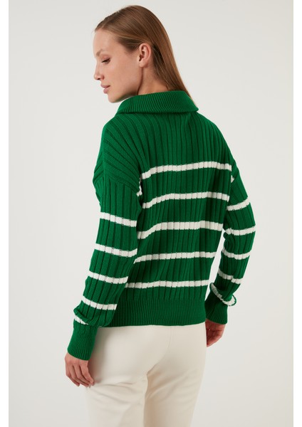 Çizgili Fermuarlı Boğazlı Yaka Örgülü Triko Kazak Bayan Kazak 63622458 indirimleri