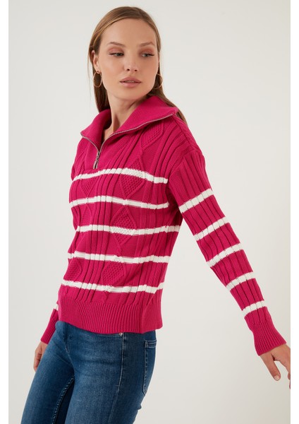 Çizgili Fermuarlı Boğazlı Yaka Örgülü Triko Kazak Bayan Kazak 63622458 fiyatları