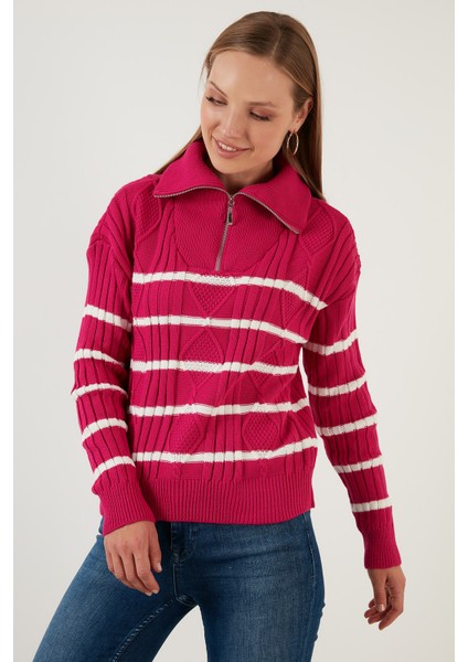 Çizgili Fermuarlı Boğazlı Yaka Örgülü Triko Kazak Bayan Kazak 63622458 fırsatları